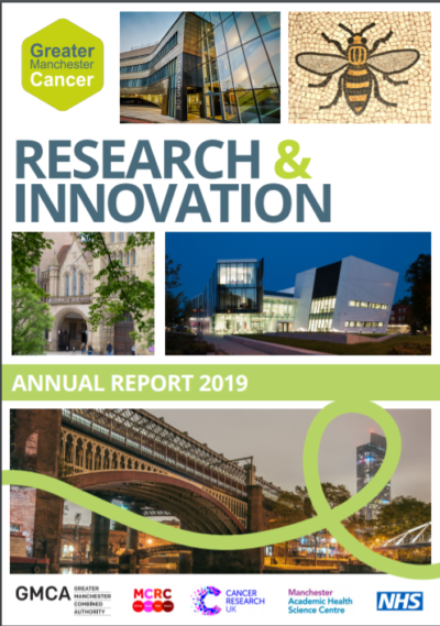 Cover of Greater Manchester Cancer Alliance's 2019 Research and Innovation Report with various images of places in Greater Manchester. 