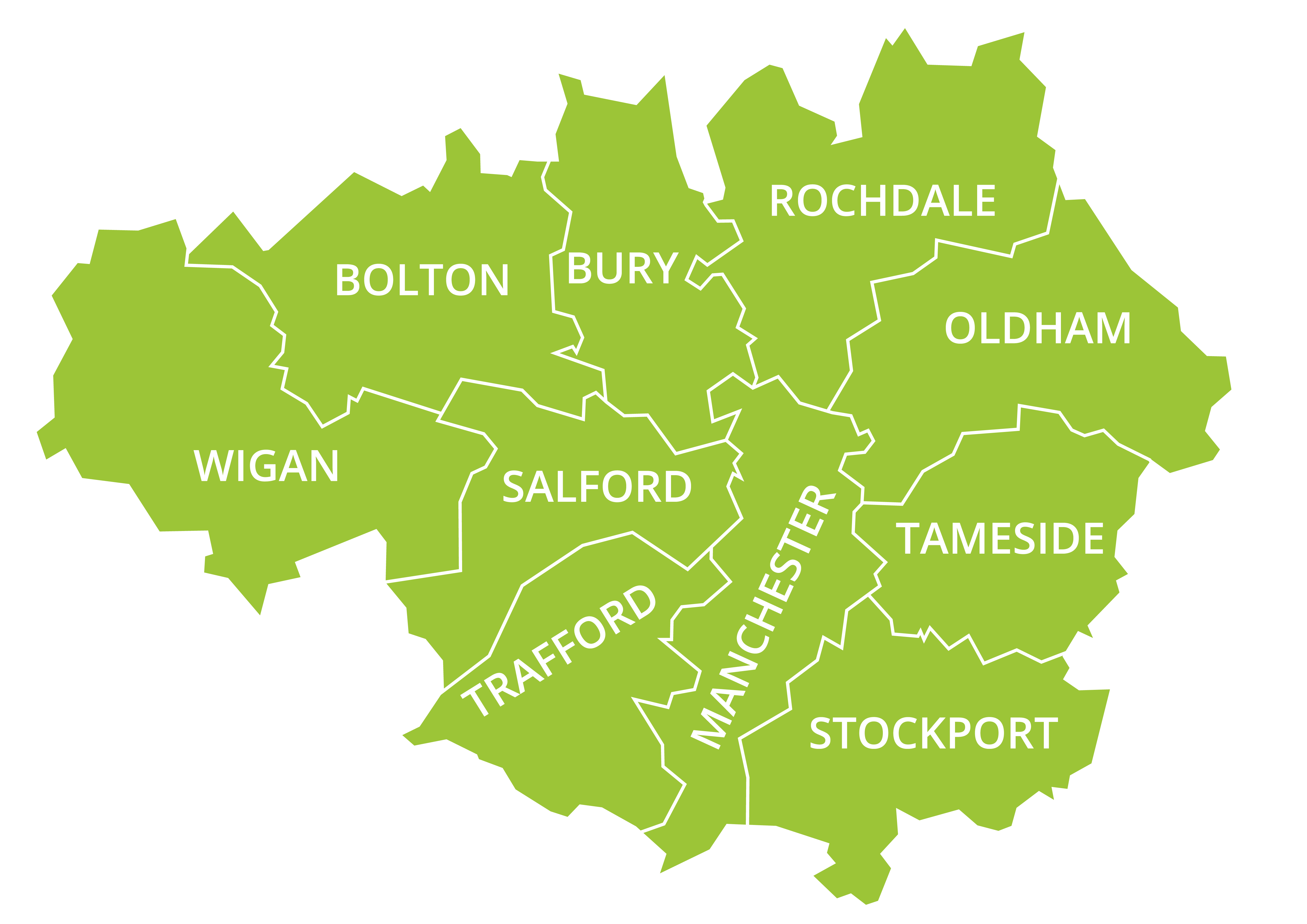 A green map of the Greater Manchester region with the 10 boroughs labelled: Manchester, Salford, Trafford, Bury, Tameside, Rochdale, Wigan, Bolton, Stockport and Oldham. 