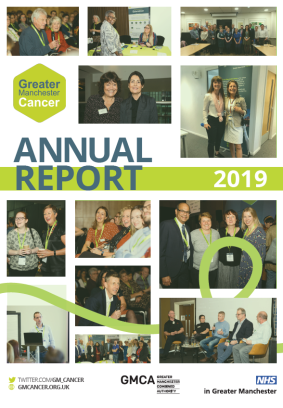 Cover of Greater Manchester Cancer Alliance's 2019 Annual Report with various images of the Alliance team at events. 