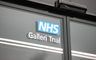External window of the trials unit with the NHS Galleri logo affixed