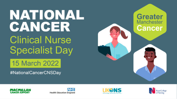 Social media image promoting National Cancer Clinical Nurse Specalist Day. Text: National Cancer Clinical Nurse Specalist Day. 15th March 2022. #NationalCancerCNSDay. Logos: Macmillan Cancer Support, Health Education England, UKONS and Royal College of Nursing. 