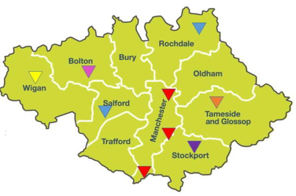 Map of Greater Manchester showing RDC locations