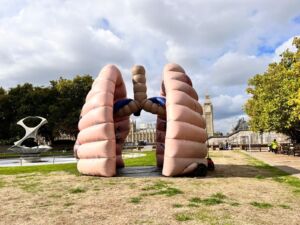 A giant pair of inflatable lungs on a grassy area in front of the Houses of Parliament