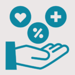 Employee benefits icon - a hand with a heart symbol, percentage symbol and plus symbol above