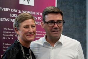 Jo Taylor and Andy Burnham at an event to raise awareness of Metastatic Breast Cancer in Manchester