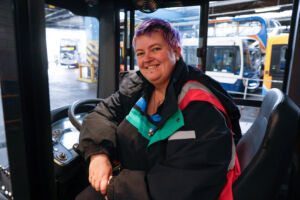 Bus driver Angela Lamen at the wheel of a Stagecoach bus