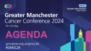 A cartoon version of a Manchester skyl;ine and the words: Greater Manchester Cancer Conference 2024 AGENDA gmcancer.org.uk/gmcc24 #GMCC24