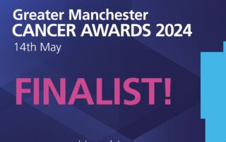 The words Greater Manchester Cancer Awards 2024 14th May FINALIST and the NHS Greater Manchester Cancer logo