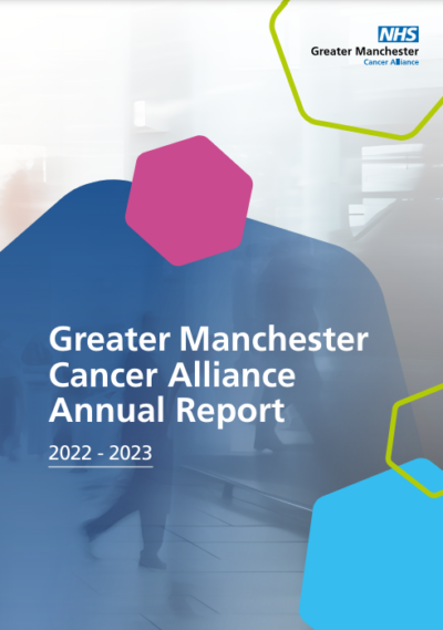 Cover of Greater Manchester Cancer Alliance's 2020 and 2021 Annual Report with branded logo 