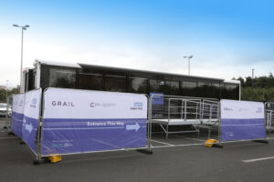 The exterior of the NHS Galleri trial unit that has been touring 10 areas of Greater Manchester