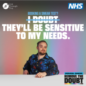 An NHS and OUTPatients cancer charity social media image featuring a person in a floral shirt with the message in bold text: 