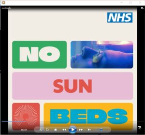 Screenshot of social media clip with text 'NO SUNBEDS' from Sun Safety campaign