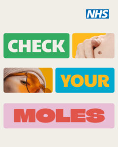 Text 'check your moles' with the image of a face in the sun wearing sun glasses and a mole on the skin on a shoulder 