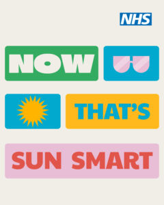 End screen Graphic divided into four sections promoting checking your moles with bold text and colourful backgrounds. The words “Now that’s sun smart” feature, with one on each of the boxes. The spare boxes contain a cartoon image of a sun, and another contains some sunglasses.