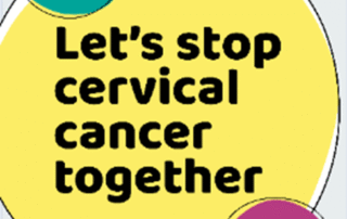 NHS graphic with a yellow circle which says "Lets stop cervical cancer together". A smaller green circle says "HPV Vaccination" and a smaller pink circle says "cervical screening"