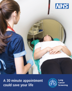 An NHS medical professional operates a CT scanner with a patient lying inside for a lung cancer screening. Text on image says 'A 30 minute appointment could save your life.'