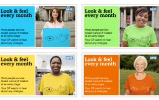 A grid showing four different campaign designs each of the four tiles includes a head and shoulders image of a woman holding an eye and a hand board or wearing a hand and eye T-shirt. THe women include two Black women, a Muslim lady in traditional dress and an older white lady with grey hair. Words next to each woman say: Look and Feel every month. Most people survive breast cancer if treated at an early stage. Your GP wants to hear about any changes.