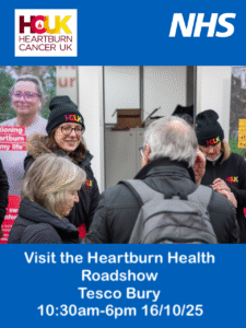 A crowd of people at the Heartburn Health Roadshow and words "Visit the Heartburn Health Roadshow Tesco Bury 10:30am-6pm 16/10/25
