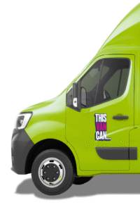 van front the front of a lime green van, with" This Van Can" written on the door