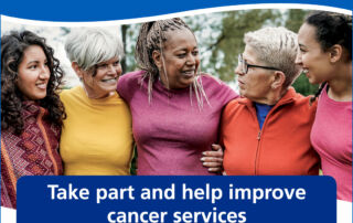 A group of five people hugged together on a blue and white infographic about the National Cancer Patient Experience Survey.