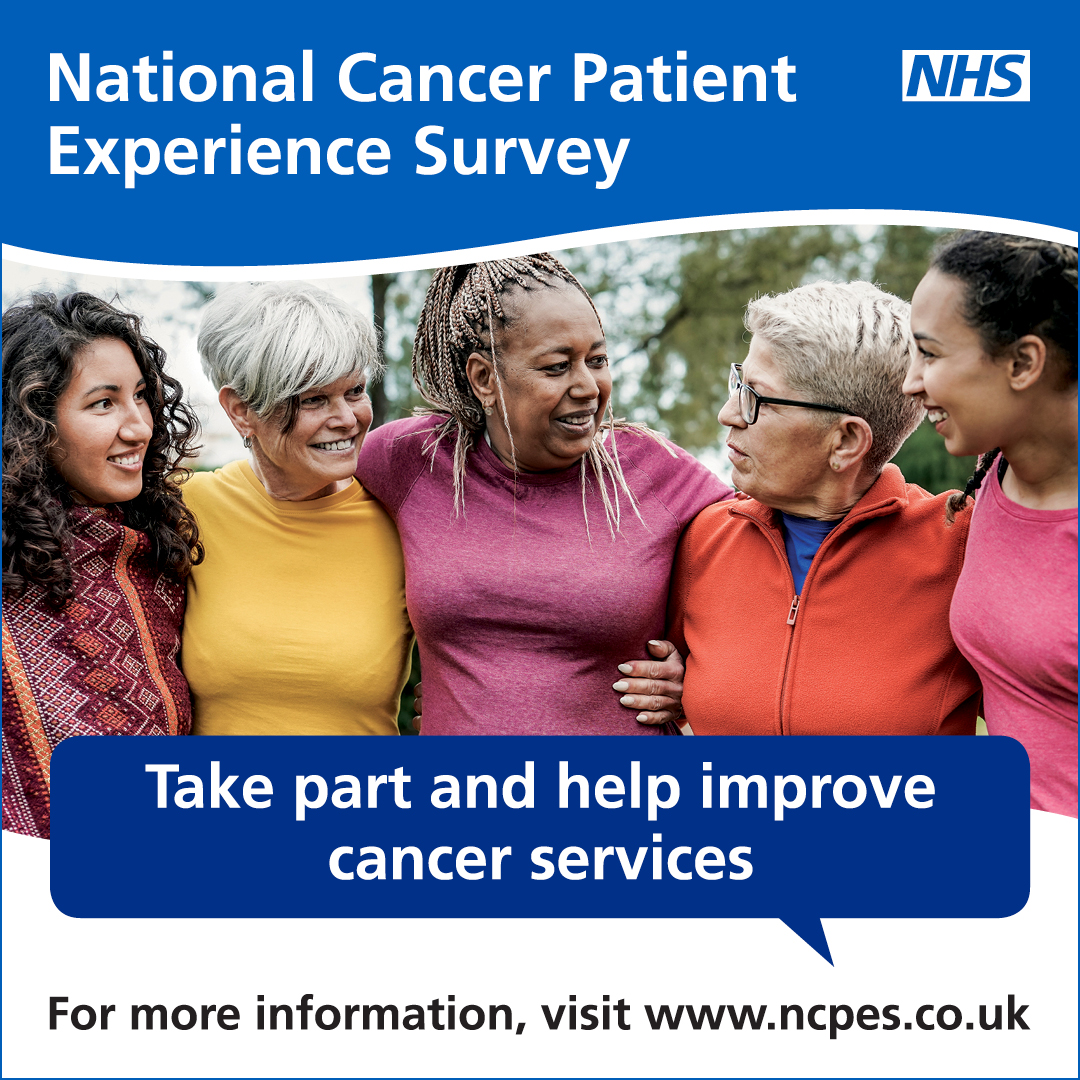 A group of five people hugged together on a blue and white infographic about the National Cancer Patient Experience Survey.
