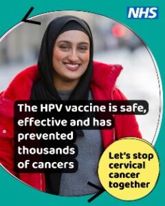 A young woman wearing a black head scarf and a red coat the words: The HPV vaccine is safe and effective and has prevented thousands of cancers