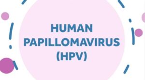 The words Human papillomavirus (HPV) in a pink circle