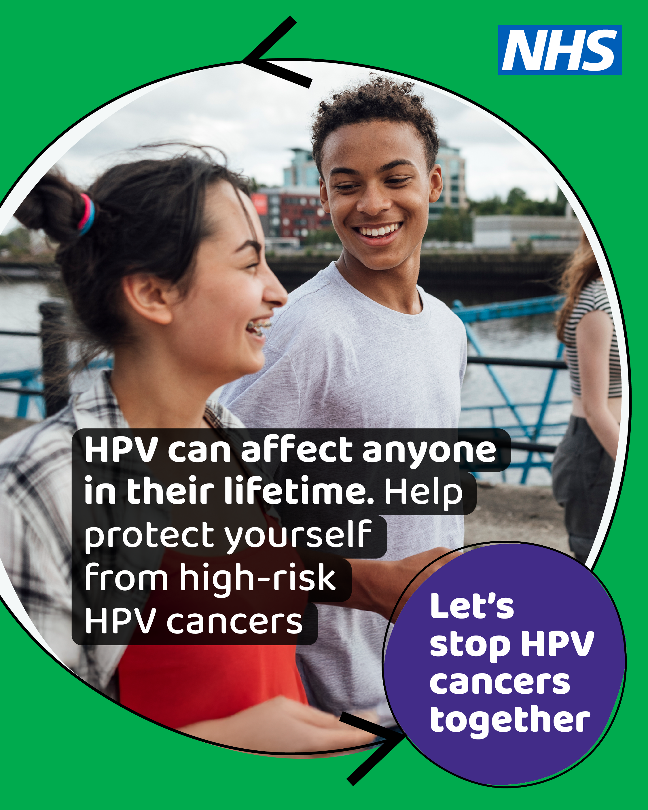 HPV vaccination graphic featuring two young people, with text encouraging protection against high-risk HPV cancers.