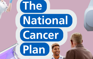 A graphic with a pink background and The National Cancer Plan written on it