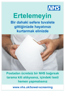 A man's hand holding a toilet roll and the words in Turkish: Don't put it off. Your next trip to the toilet could save your life. If you receive an NHS bowel cancer screening kit in the post, you should complete it as soon as possible. www.nhs.uk/bowel-screening