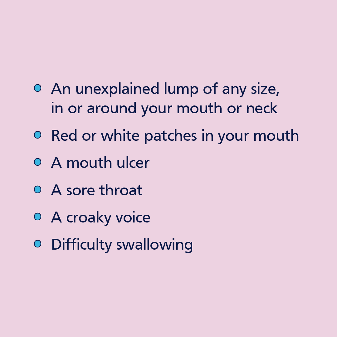 ^ bullet points and the following list: an unexplained lump of any size red or white patches in your mouth a mouth ulcer a sore throat a croaky voice difficulty swallowing 
