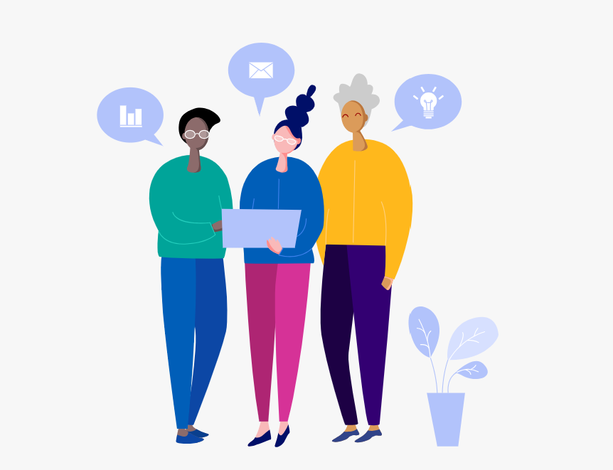 A diverse group of three cartoon people with speech bubbles