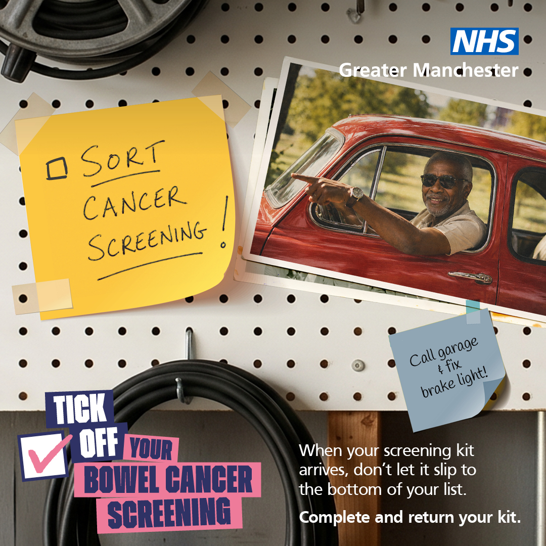 A noticeboard in a garage with a photo of a man in a red car pinned to it pointing to a post-it note saying Sort Cancer Screening underneath of the words: "Tick off your bowel cancer screening. When your screening kit arrives, don't let it slip to the bottom of your list. Complete and return your kit.