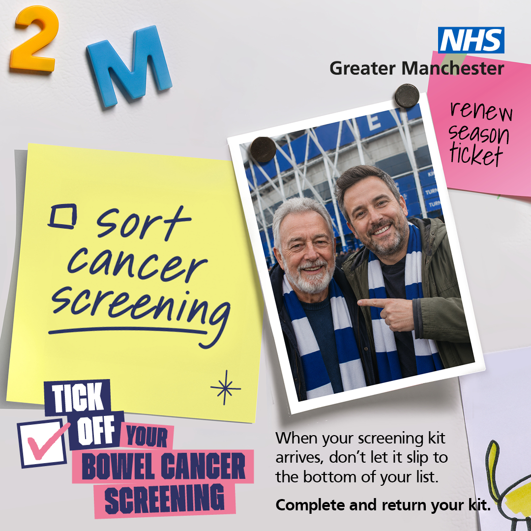 A white fridge with a photo of two men wearing football scarves and a post-it note saying Sort Cancer Screening underneath of the words: 