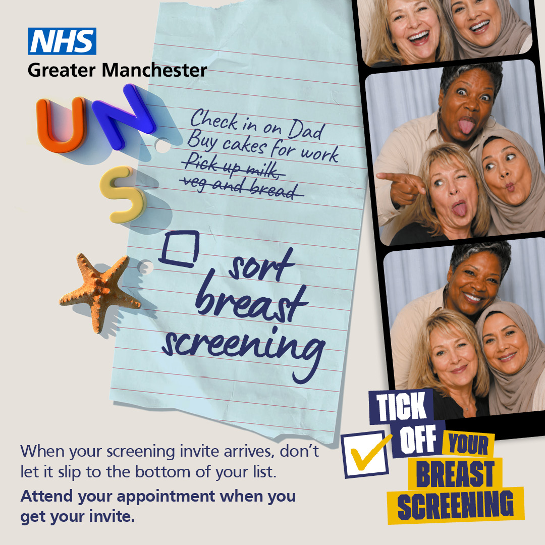 A close up of a fridge door with magnets, a strip of photos showing a diverse mix of three women in their 50s and a to do list including the words Sort Breast Screening Words underneath say: When your screening kit arrives, don't let it slip to the bottom of your list. Attend your appointment when you get your invite.