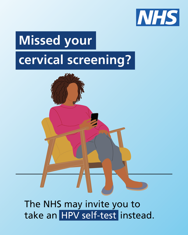Woman holding a phone while sitting on a chair. The text on the image says: “Missed your cervical screening? The NHS may invite you to take an HPV self-test instead.”