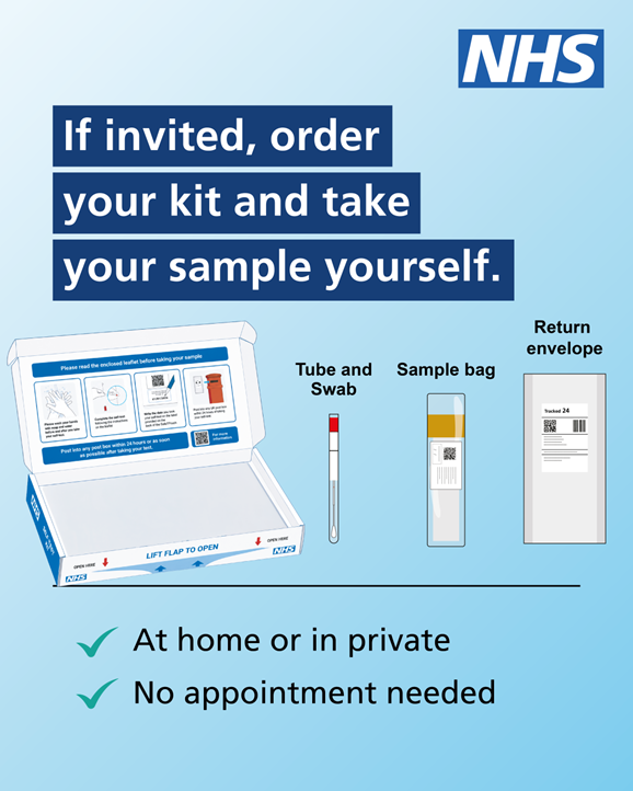 HPV self-test kit with a tube and swab, Safe T Pouch and return envelope. The text on the image says: “If invited, order your kit and take your sample yourself. At home or in private. No appointment needed”