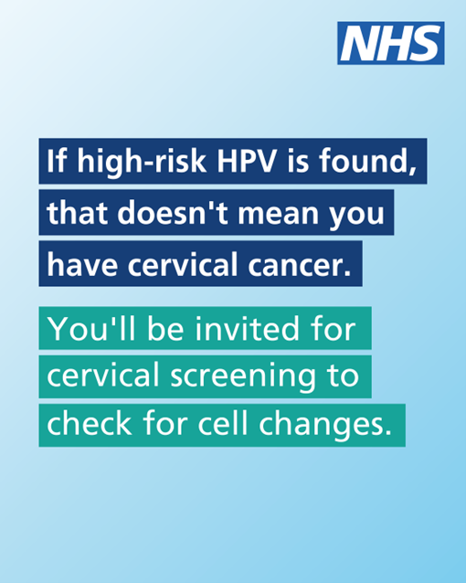 The text on the image says: “If HPV is found, that doesn't mean you have cervical cancer. You'll be invited for cervical screening to check for cell changes.”