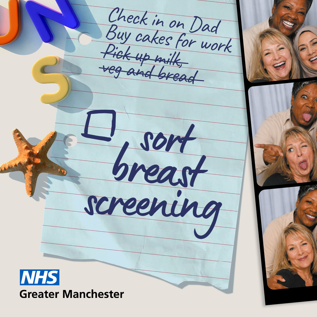 A close up of a fridge door with magnets, a strip of photos showing a diverse mix of three women in their 50s and a to do list including the words Sort Breast Screening