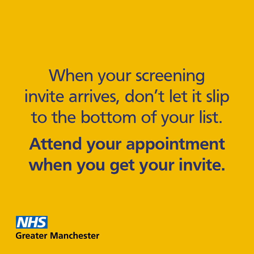 Words on a yellow background say: When your screening kit arrives, don't let it slip to the bottom of your list. Attend your appointment when you get your invite.