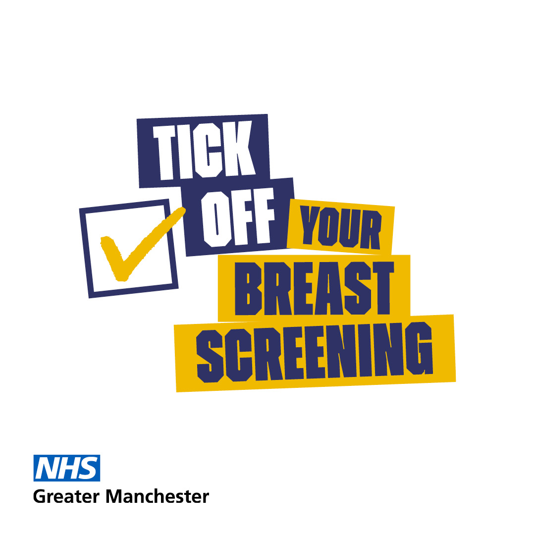 11336 – NHS – Cancer Screening – Carousel Breast 1x1_03 A box with a yellow tick in it and the words "Tick Off Your Breast Screening"