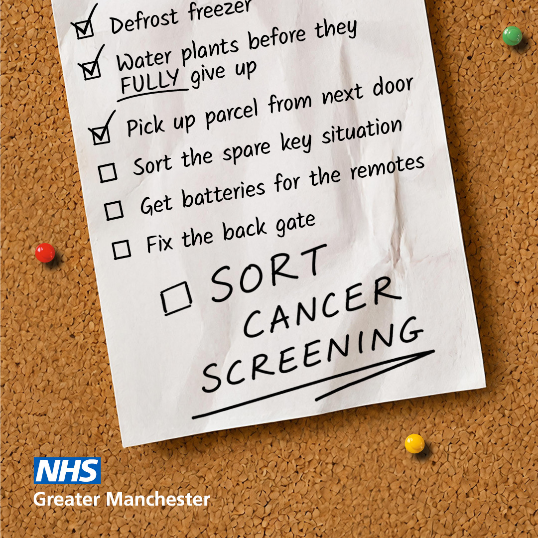 A shopping list pinned to a cork board with the words SORT CANCER SCREENING in capitals below a long list of other tasks including defrost the freezer, water the plants before they fully give up, pick up parcel from next door, sort the spare key situation, get batteries for the remotes, fix back gate. Logo says: Tick Off Your Cancer Screening.